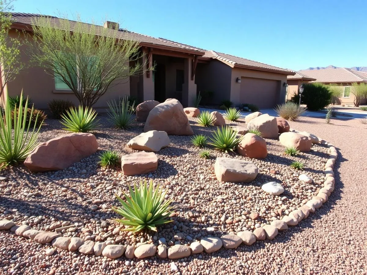 Las Cruces front-yard xeriscape with boulders, cobble borders, and agave on drip irrigation Las Cruces front-yard xeriscape with boulders, cobble borders, and agave on drip irrigation