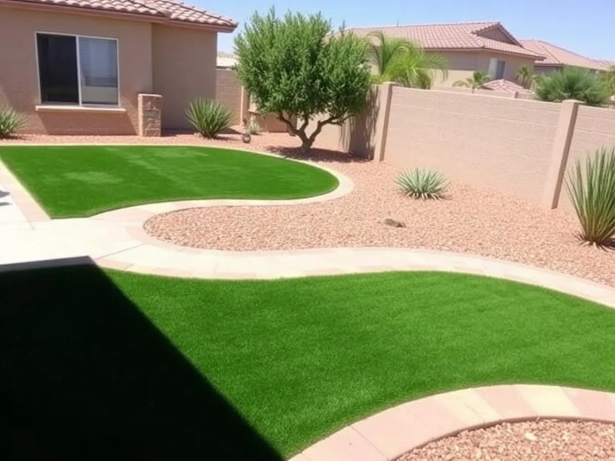 Synthetic turf lawn with paver borders and shaped gravel beds at a Doña Ana, NM home Synthetic turf lawn with paver borders and shaped gravel beds at a Doña Ana, NM home