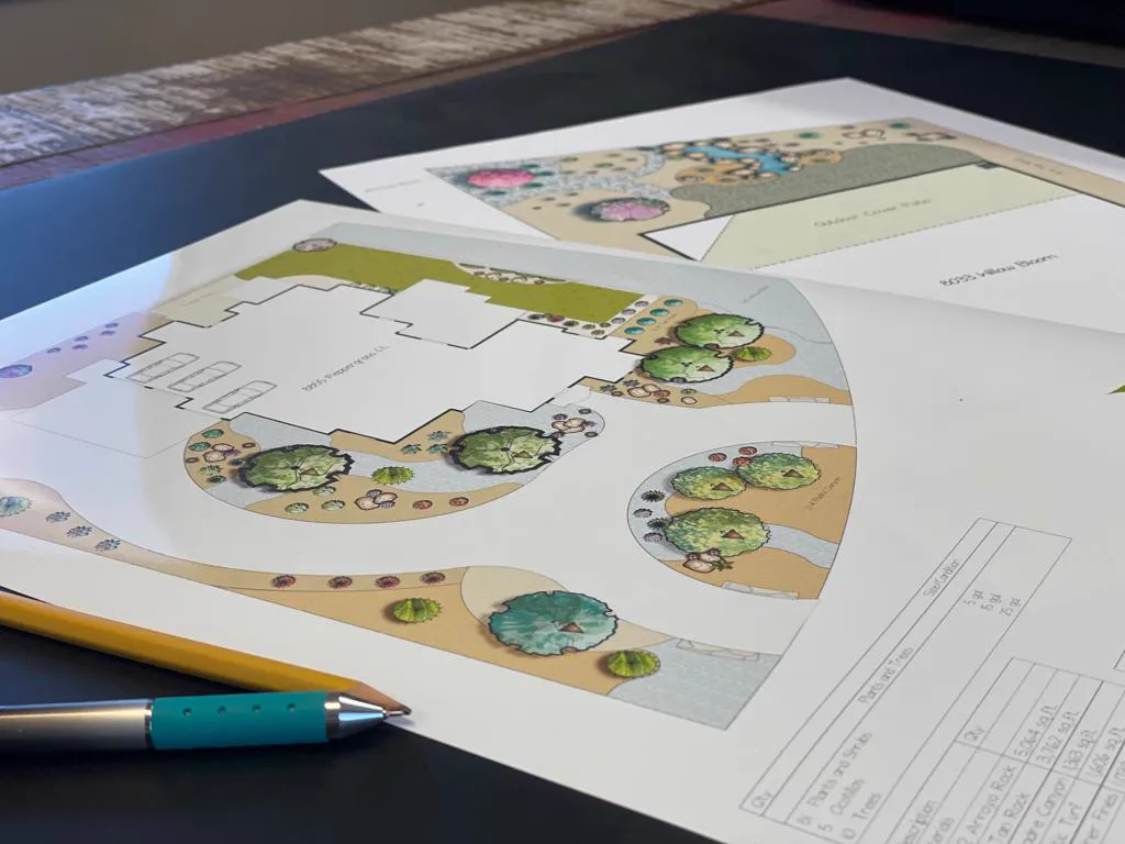 Large-scale landscape plan for a Las Cruces, NM property with planting beds, walkways, and a materials legend Large-scale landscape plan for a Las Cruces, NM property with planting beds, walkways, and a materials legend