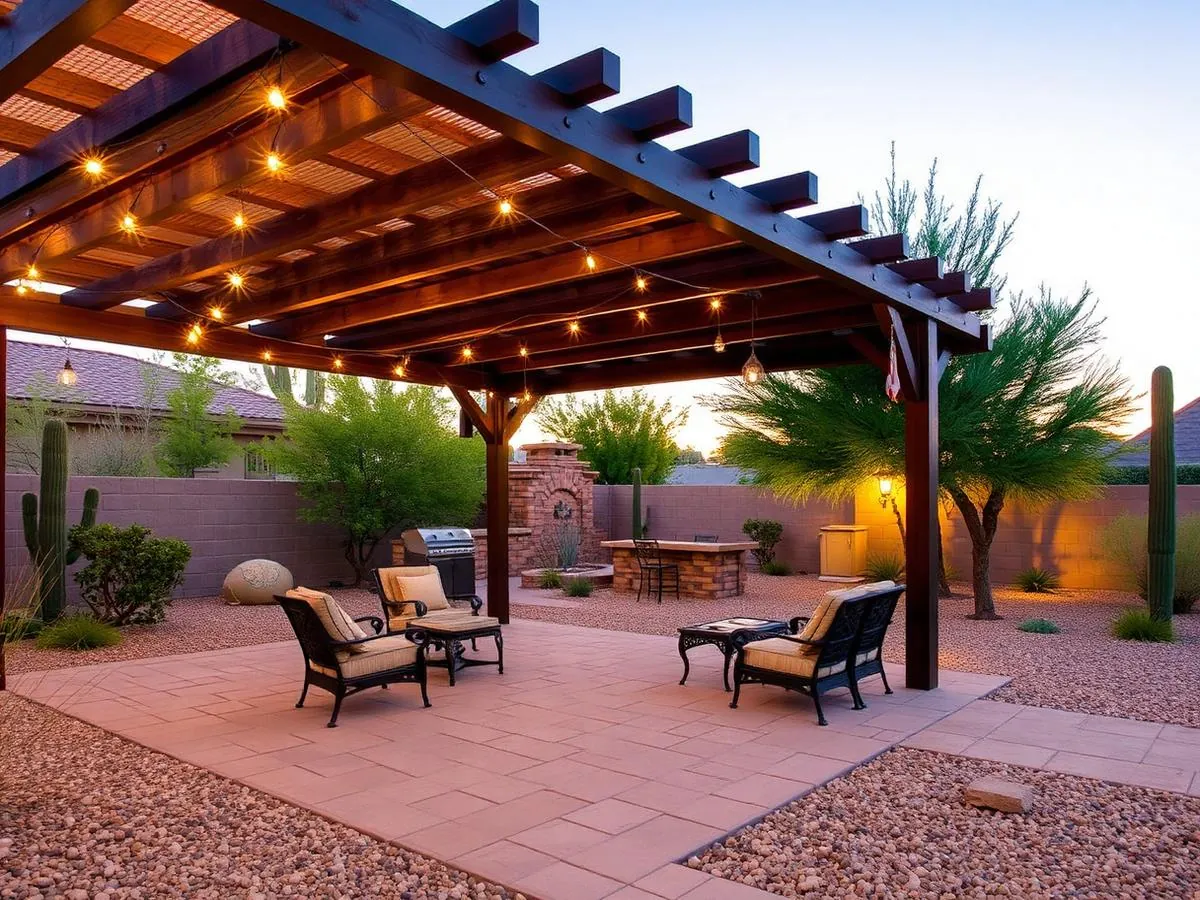 Cedar pergola over a paver patio with string lighting in a Mesilla, NM backyard by Garden Center of Las Cruces Cedar pergola over a paver patio with string lighting in a Mesilla, NM backyard by Garden Center of Las Cruces