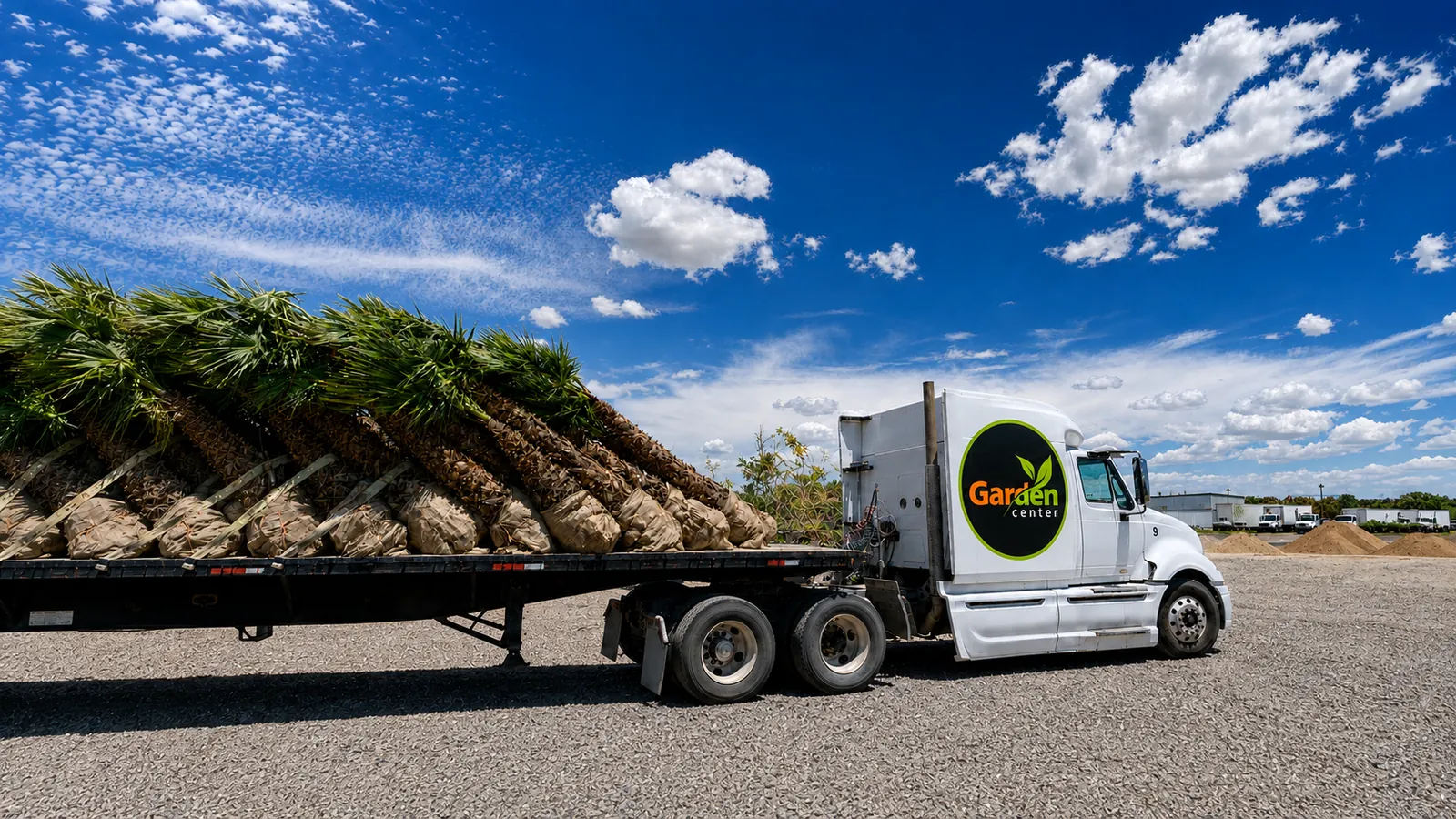 Dump truck delivering bulk landscape gravel to a residential driveway in Las Cruces